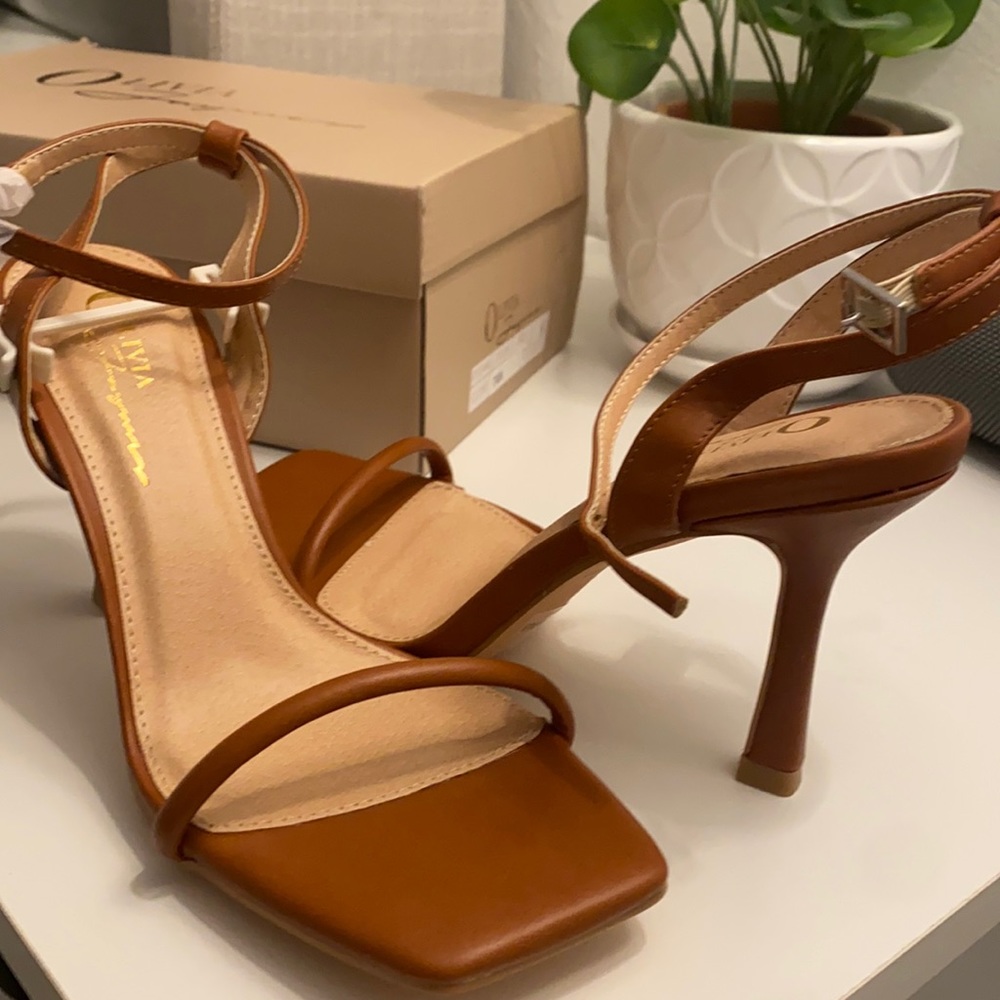 Tan, square toe trendy heels